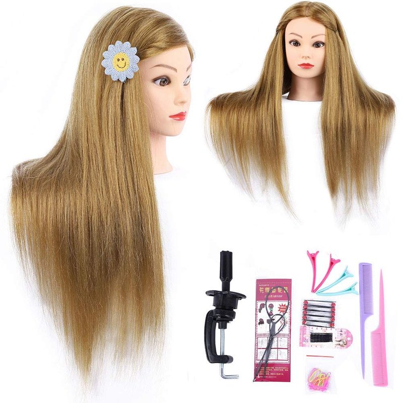 MEDO Mannequin Head 26 Inch With 50% Real Hair Brown Practice Training Head Synthetic Long Straight Hair Dresser Training Head Doll Cosmetology Manikin Head And Clamp Stand No Make Up(Makeup on, 27)