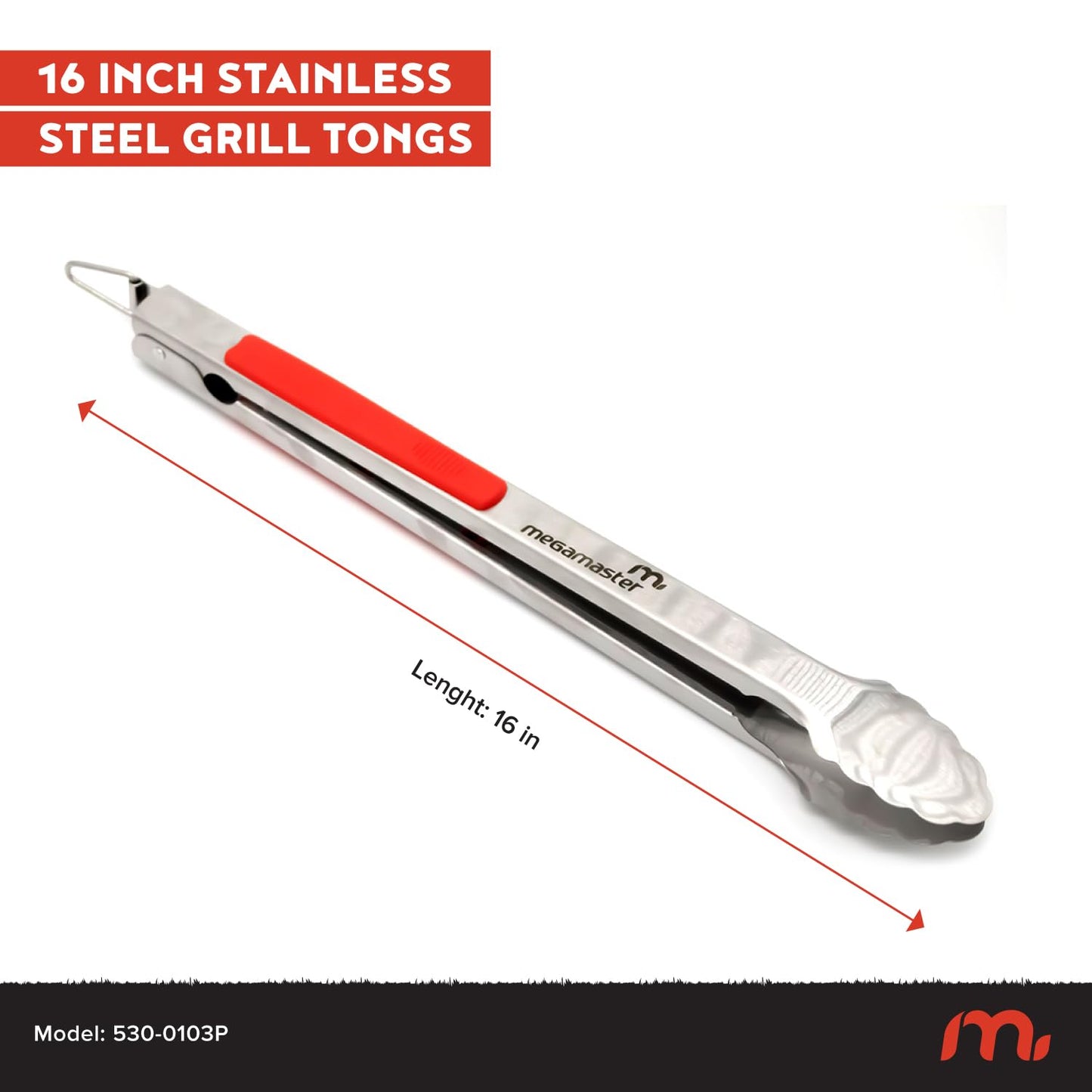 16" Extra-Long Stainless Steel Grill Tongs – Premium Locking BBQ Tongs for Grilling, Cooking, Barbecue, Tailgating – Easy Grip with Hanging Hook, Model 530-0103P