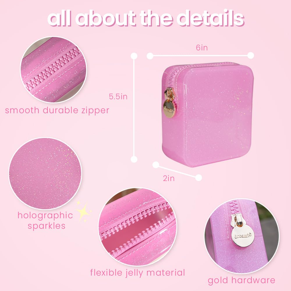 dreamie - Makeup Bag Travel Cosmetics Pouch, Toiletry Bag, Jelly, Zipper Pouch Purse, Cute Make Up Organizer Storage Tote for Women Girls, Waterproof Travel Skincare, Small Makeup Bag - Bubblegum