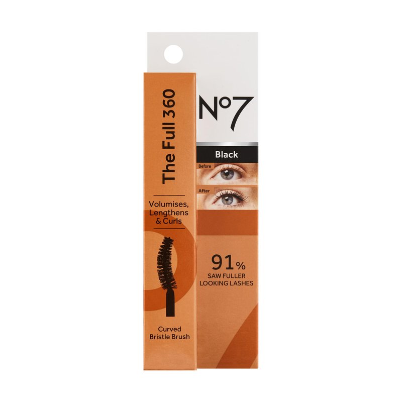 No7 The Full 360 Waterproof - Black - Sweat-Proof, Rain-Proof, Tear-Proof Mascara - Adds Volume, Length & Curl for Up to 12 Hours (7ml)