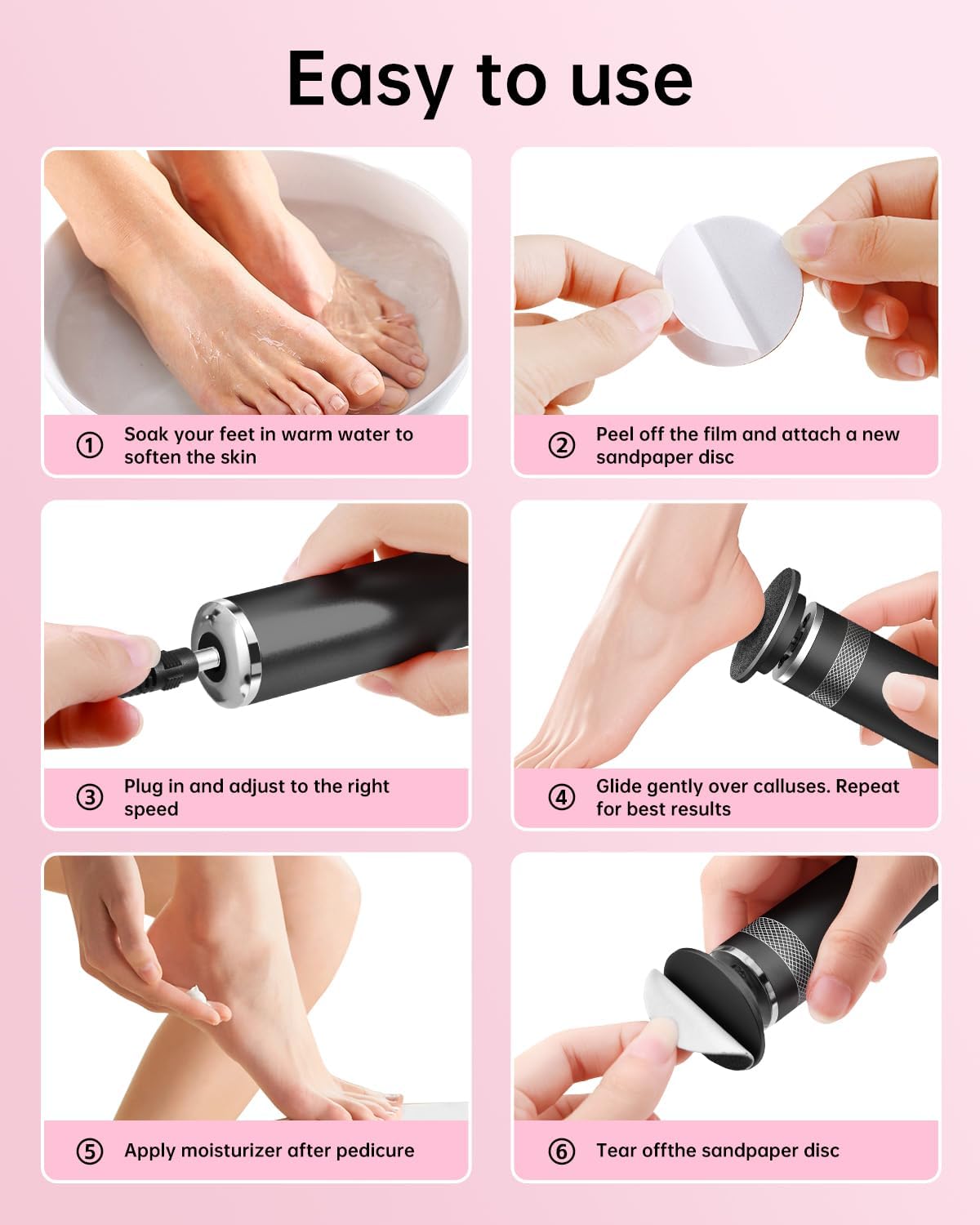 Electric Foot Callus Remover, Upgrade Electric Foot File Callus Remover for Feet, Adjustable Speed Foot File with 60 Pcs Sandpaper Discs, Foot Scrubber for Cracked, or Tough Skin and Calluses, Pink