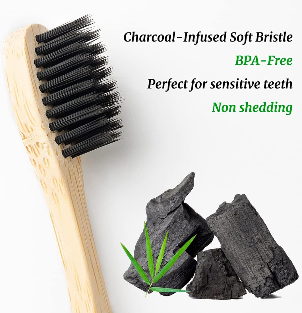 Biodegradable Bamboo Toothbrushes, 10 Piece BPA Free Soft Bristles Toothbrushes, Natural, Eco-Friendly, Green and Compostable