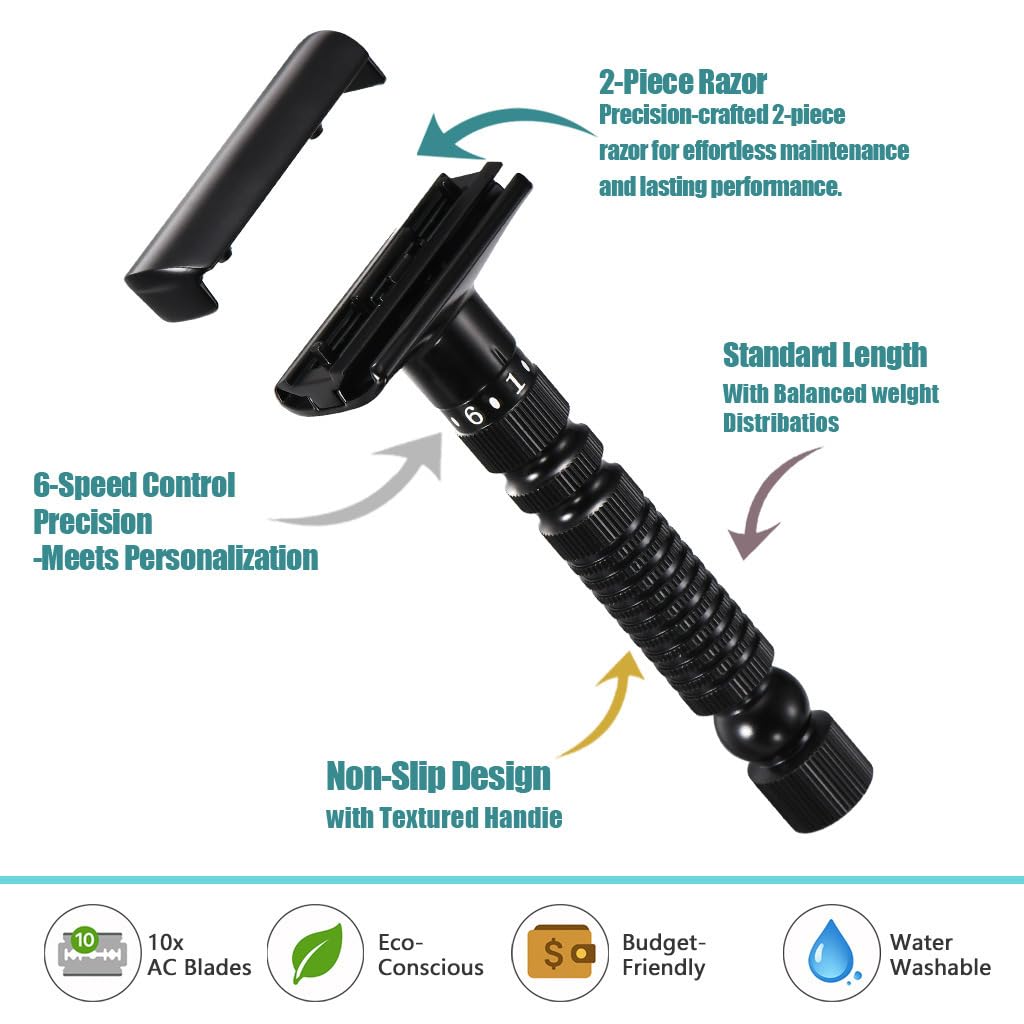 6-speed adjustable dual-blade safety razor with 10 platinum-coated stainless steel blades. Includes optional stand. Comes with complimentary travel pouch. (Black + base + holster)