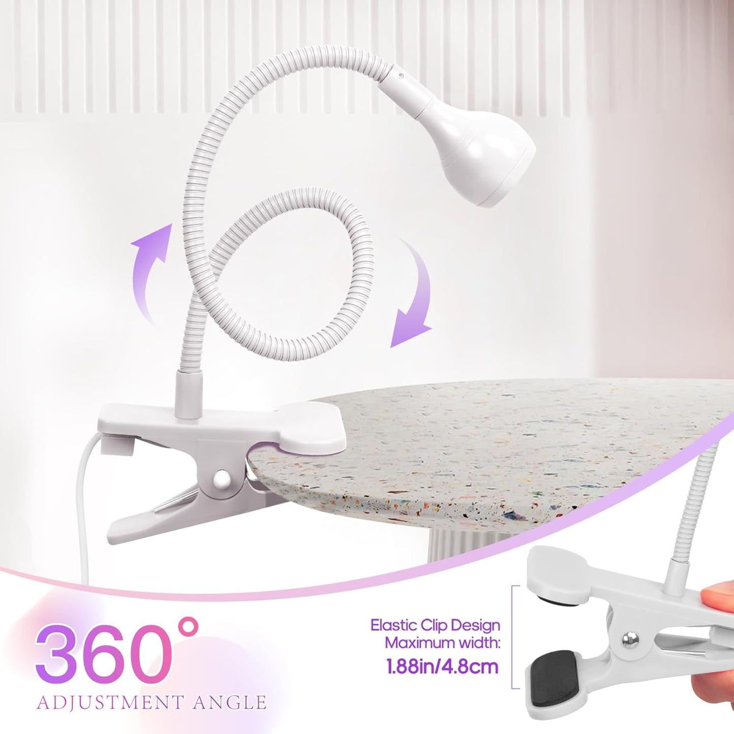 UV Nail Lamp - UV Light for Gel Nails, LED Gooseneck Flash Cure Lamp for Nails, Manicure Dryer Black Light with Clamp, 365+395nm Wavelength 5V 3W 4 Levels Dimming