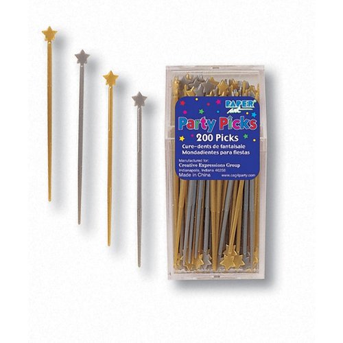 Creative Converting Christmas Assorted Plastic Party Picks, Shaped Gold and Silver Stars, Box of 200