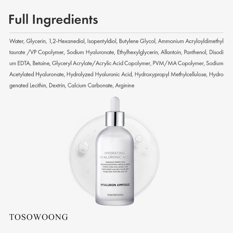 Hyaluronic Acid Ampoule - Hydrating Anti-Aging Face Serum for Dry Skin | Korean Skincare, 100ml