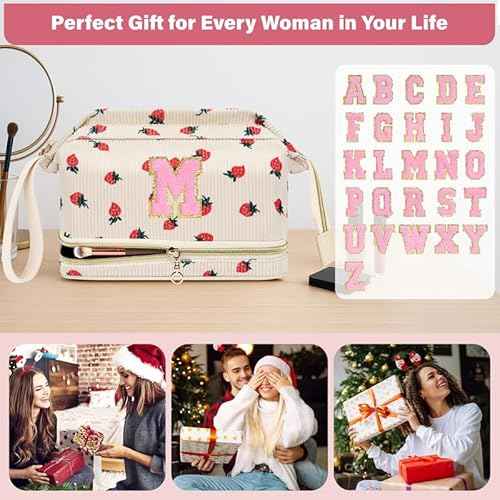 Personalized Initial Makeup Bag,Strawberry Quilted Makeup bag Christmas Gifts for Girls,Double Layer Travel cosmetic Bag with Make up Brush Organizer,Cute Travel Toiletry Pouch-I