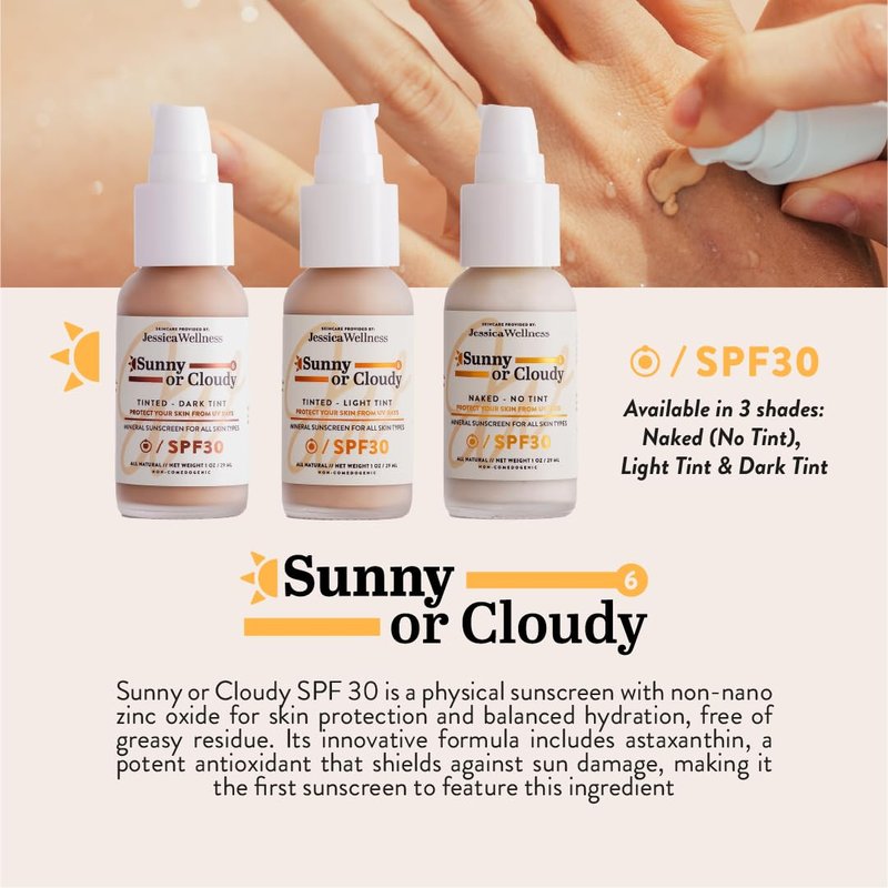 Jessica Wellness Mineral Sunscreen + Hydrating Serum with Broad Spectrum SPF 30 & Antioxidants, Oil-Free, Fragrance Free, Non-Nano Zinc Oxide. 1 oz (Light)