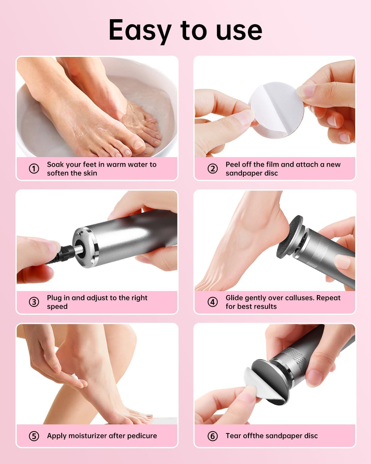 Electric Foot Callus Remover, Upgrade Electric Foot File Callus Remover for Feet, Adjustable Speed Foot File with 60 Pcs Sandpaper Discs, Foot Scrubber for Cracked, or Tough Skin and Calluses, Pink
