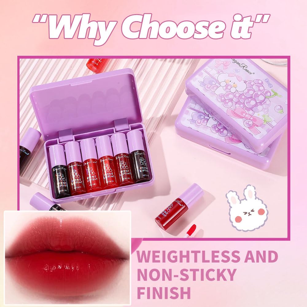 6 Colors Lip Tint Stain Set, Korean Velvet Watery Lip Stain Moisturizing Mini Liquid Lipstick, Multi-use Lip and Cheek Tint, Long lasting Non-Stick Cup Waterproof, Lip Color Makeup