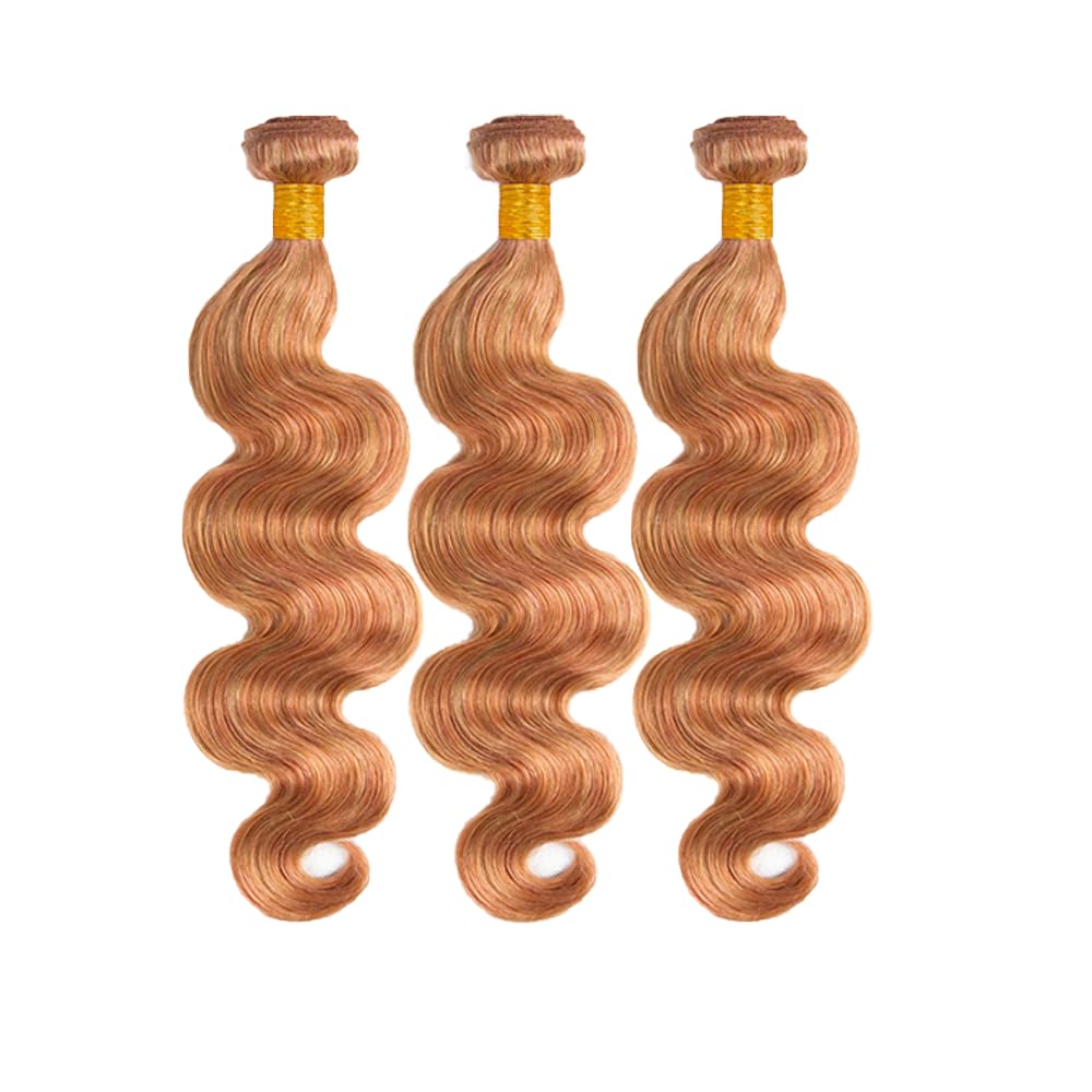 300g P2730 Bundles Human Hair Honey Blonde Body Wave Bundle Brazilian Unprocessed Virgin Hair 3 Bundles 24 26 28 Inch Double Weft 2 Tone Blonde and Light Brown Bundle Hair Weave