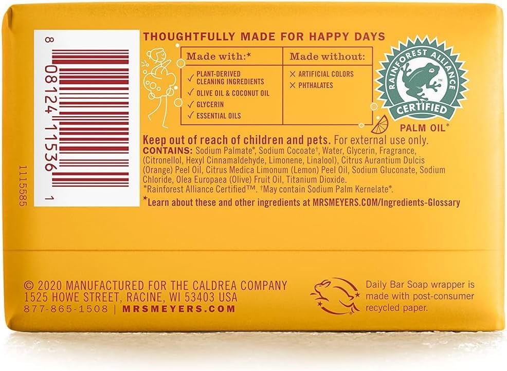 MRS. MEYER'S CLEAN DAY Bar Soap, Use as Body Wash or Hand Soap, Made with Essential Oils, Rain Water, 5.3 oz, 1 Bar