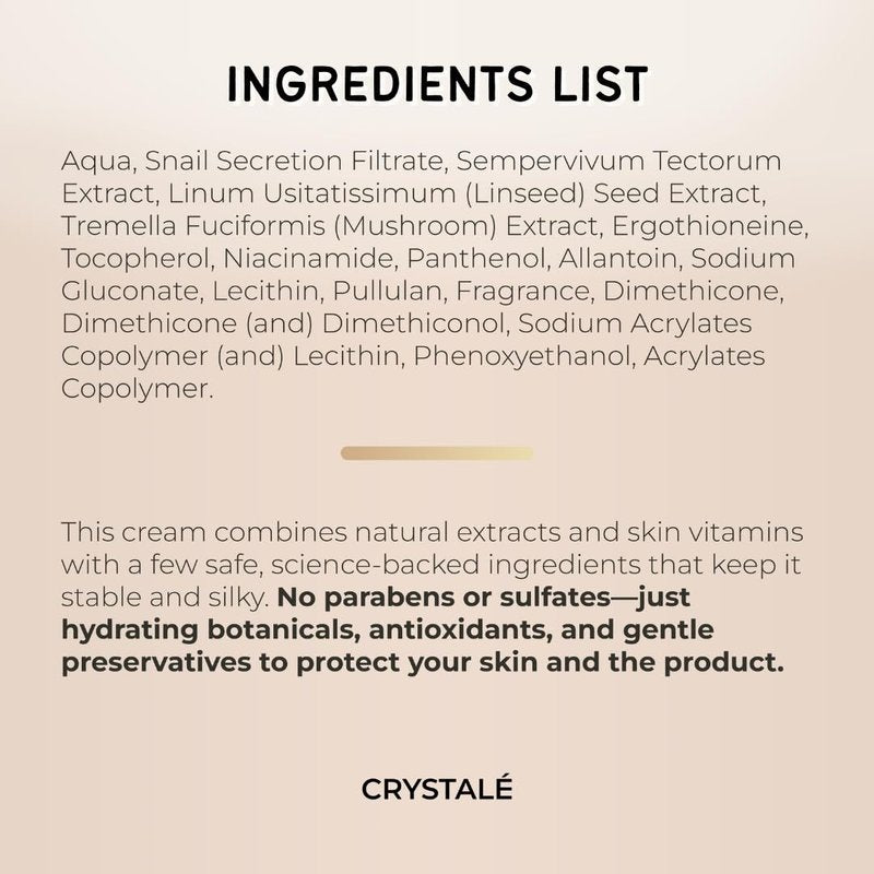 CRYSTALÉ Snail Mucin Filtrate 92% Hydrating Face Moisturizer Gel Cream for Korean Skin Care Beauty Routine with Niacinamide and Panthenol, Deep Hydration Formula for Face, Hands and Body, 3.38 fl.oz