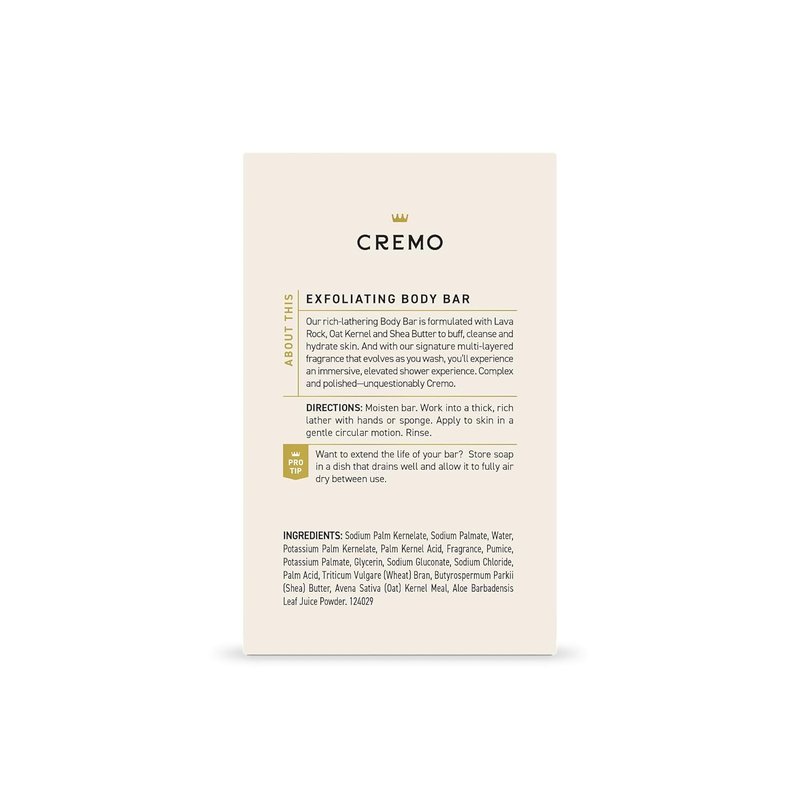 Cremo Exfoliating Body Bar for Men - Bourbon & Oak Scent | Hydrating 5oz Bar for Buffing & Cleansing Skin
