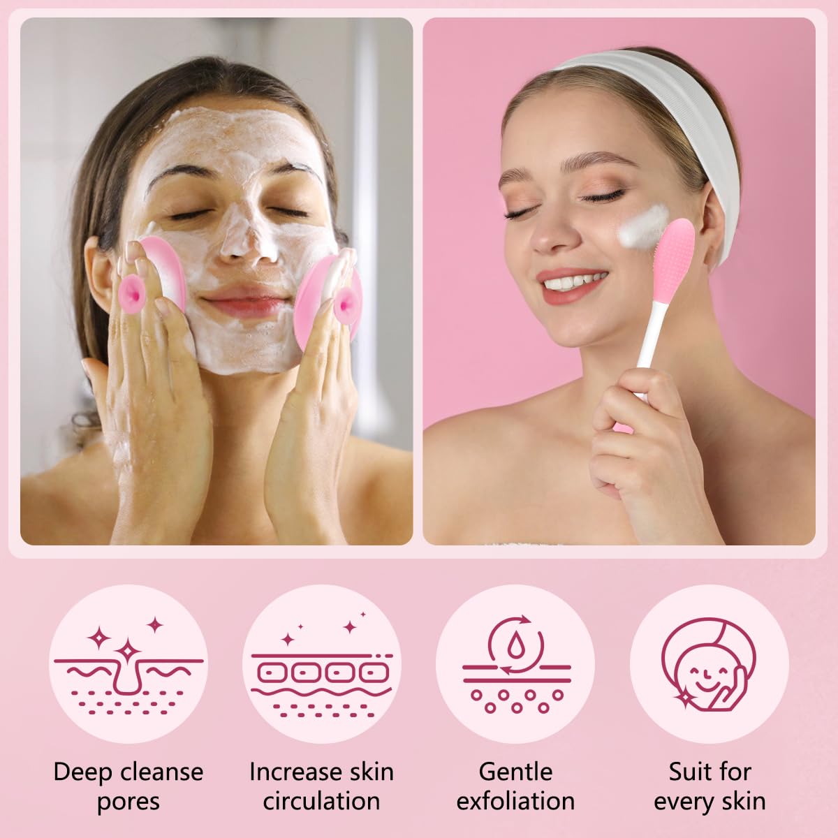 Silicone Face Scrubber, 2pcs Exfoliating Lip Brush, 2pcs Face Cleansing Brush & Silicone Facial Mask Brush Exfoliator Blackhead Skin Care Tool