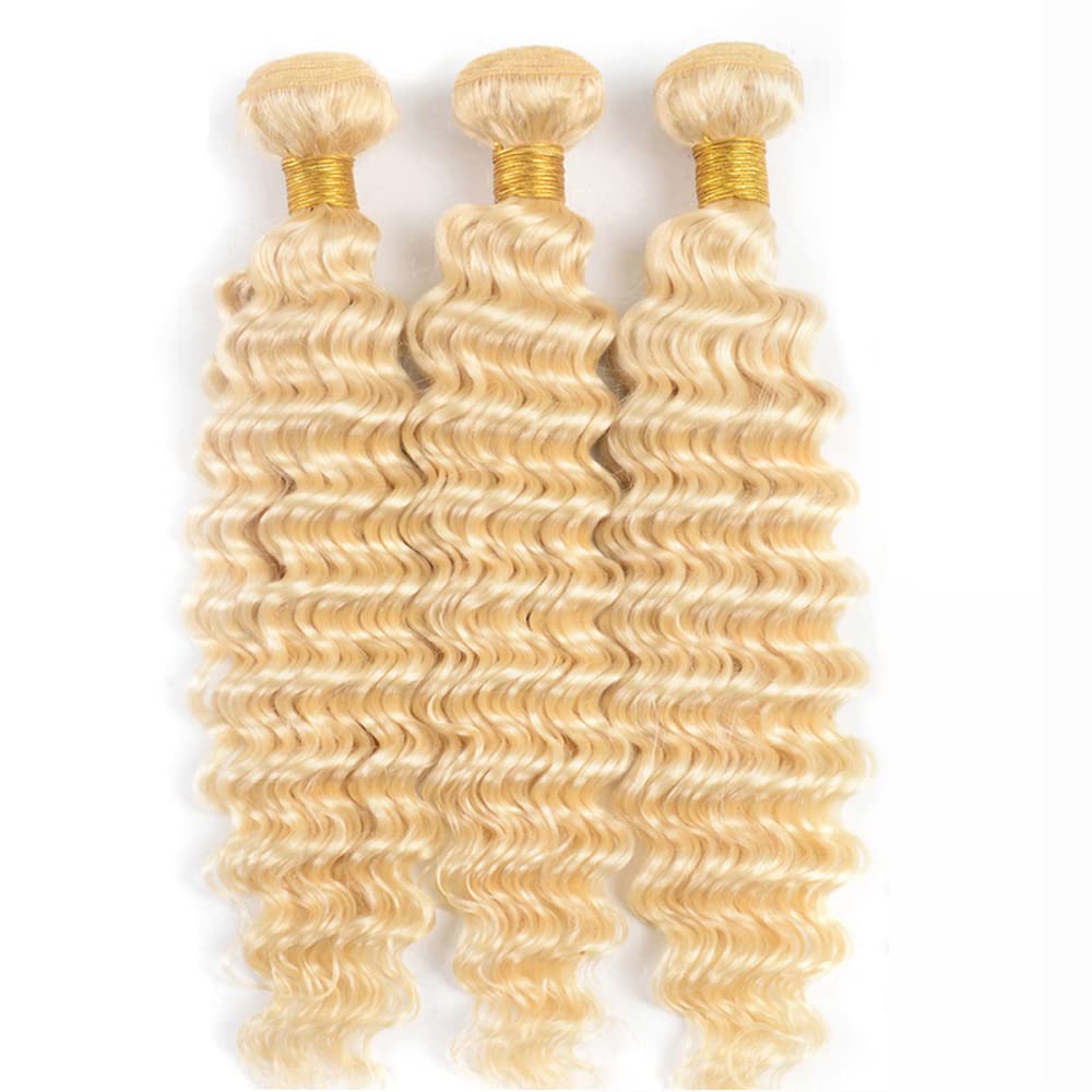 FuivJuix 613 Blonde Bundles Deep Wave Bundles Human Hair 16 16 16 Inch Brazilian Virgin Hair Honey Blonde Deep Wave Bundles Human Hair Extensions 3 Bundle 50 Gram Per Bundle