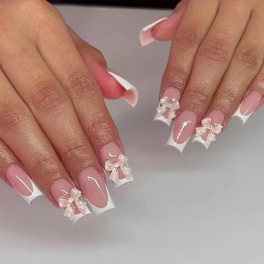 24pcs French Tip Press-On Nails - Short, Charms, Bow, Flower Design, Pink, Cute, Square Shape, Acrylic, Rhinestones