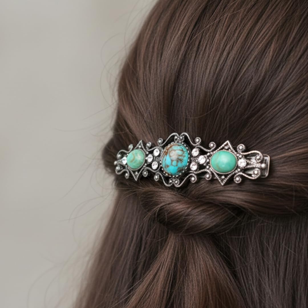 1928 Jewelry Turquoise Color Stones Crystal 2.95 Inch Hair Barrette Clip For Women, (1 Pcs)