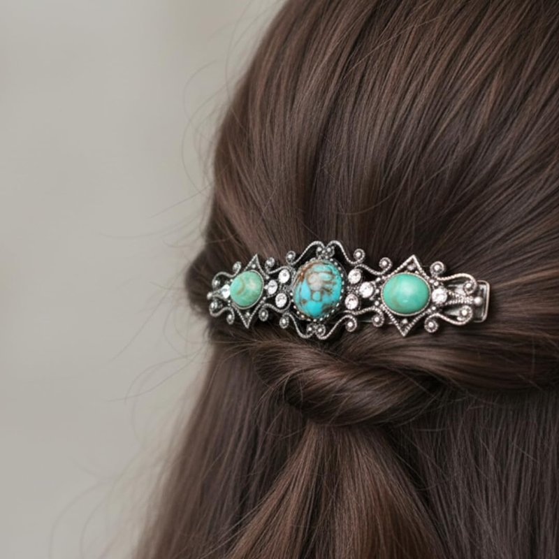 1928 Jewelry Turquoise Color Stones Crystal 2.95 Inch Hair Barrette Clip For Women, (1 Pcs)