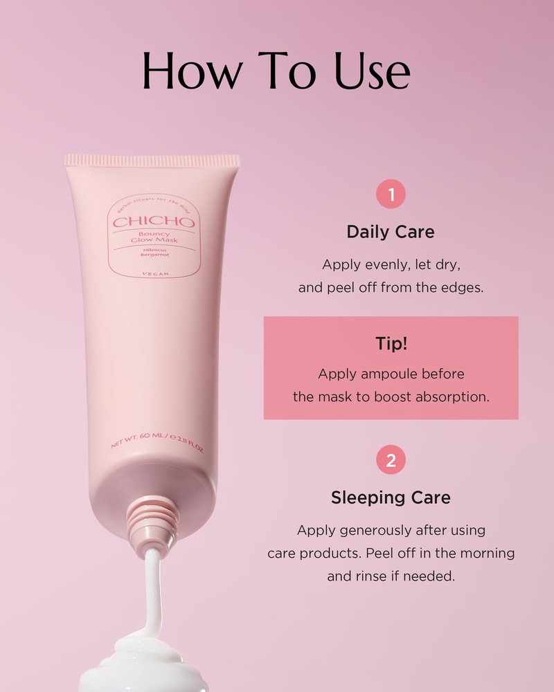 CHICHO Bouncy Glow Overnight Wrapping Peel-Off Mask (2.03 oz) – Vegan 300Da Hibiscus Collagen Film Mask for Glass Skin & Elasticity, Korean Sleeping Face Pack, Sensitive Skin
