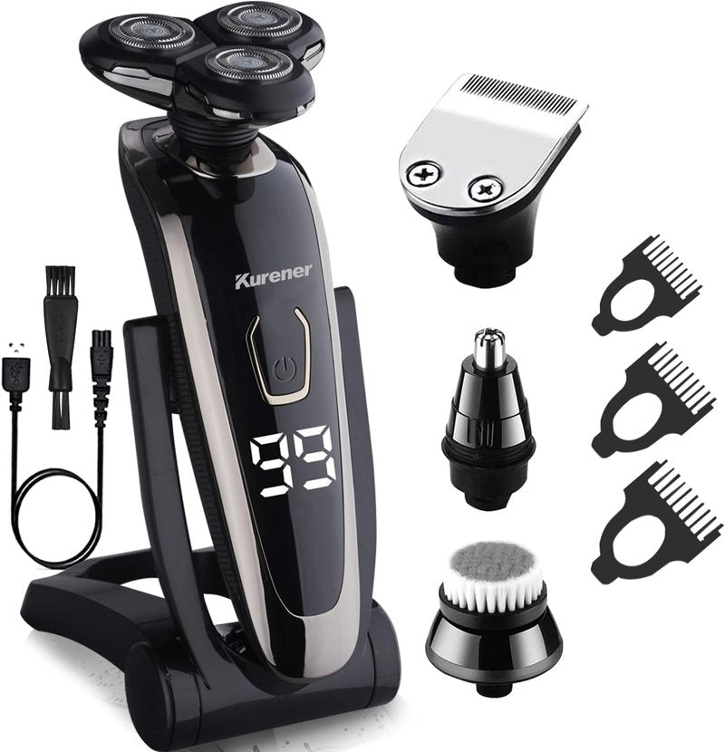 Electric Razor for Men - Rechargeable Waterproof Rotary Shaver with Nose & Sideburn Trimmer | Face Cleaning Brush