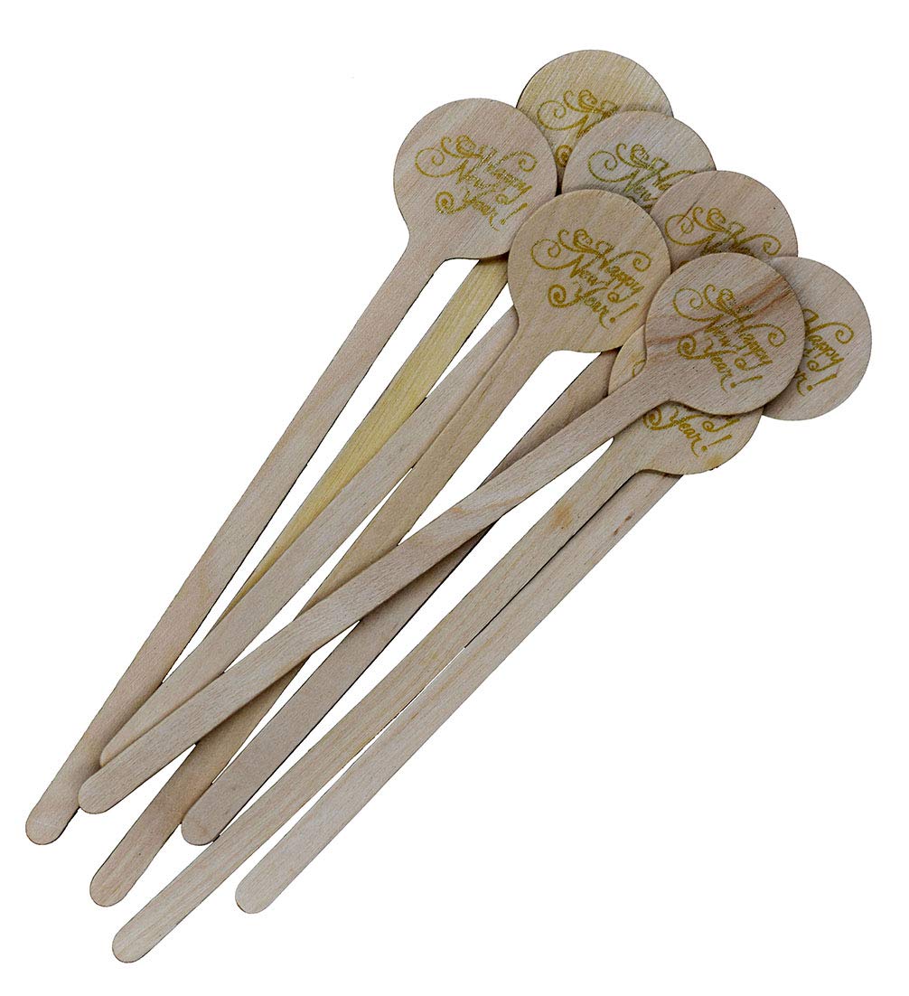 Perfect Stix 6" Wooden Cocktail/Drink Stirrers with Happy New Year Print-Pack of 50ct