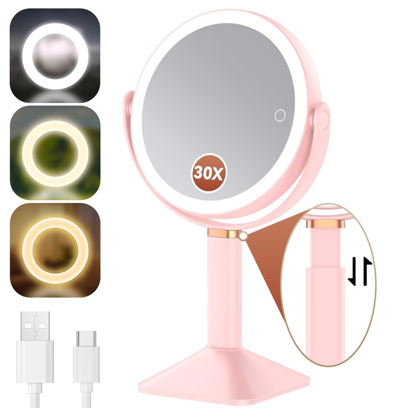 Glowtop Lighted Makeup Mirror with Lights and Magnification 30X/1X, Height Adjustable 30X Magnifying Vanity Mirror with 4000mAh Battery & 3 Colors Dimming Light for Desktop Bathroom Bedroom (Pink)