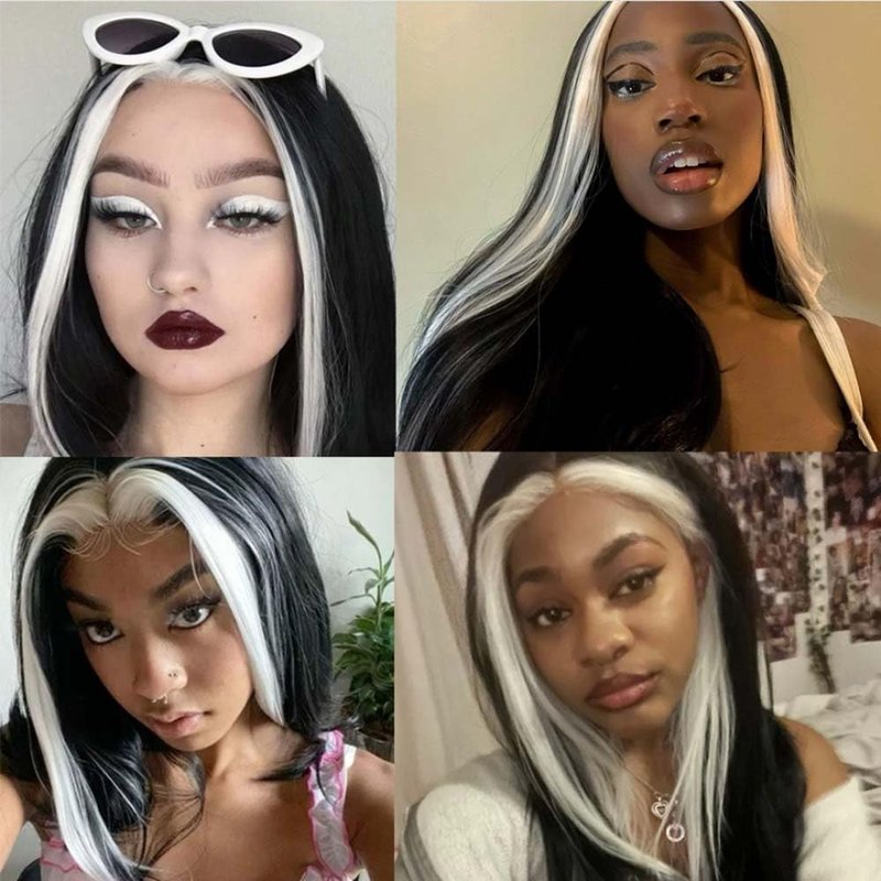 melody wig Natural Black Wig Synthetic Streaked Black/Blonde Mixed Lace Front Wigs For Women Hair Heat Resistant Fiber Long Straight Wigs Cosplay Part