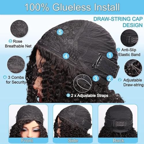 Kinky Curly Half Wigs 100% Human Hair 180 Density 3 In 1 Seamless Flip Over Half Wigs Kinky Burmese Curly Deep Water Wave Glueless Wear and Go Wig Drawstring Headband Ponytail Wig for Women 18 Inch