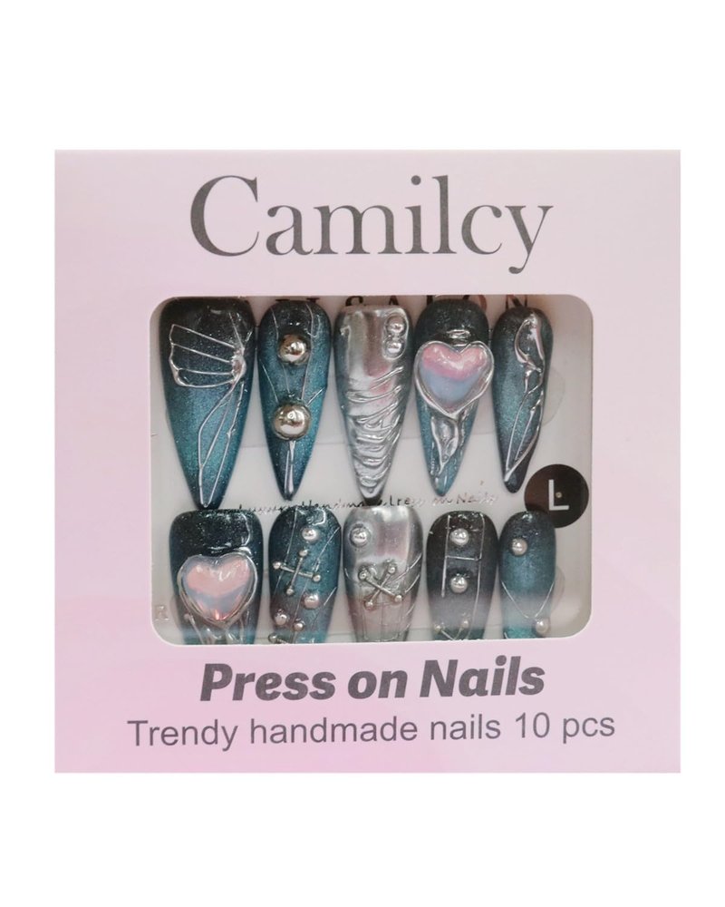 CAMILCY Luxury Handmade Press On Nails Gothic Teal Stiletto Silver Blue Gothic 3D Metal Heart HandPainted Reusable Artificial Salon QualityFalse Nails for Women 10pcs (A46, S)