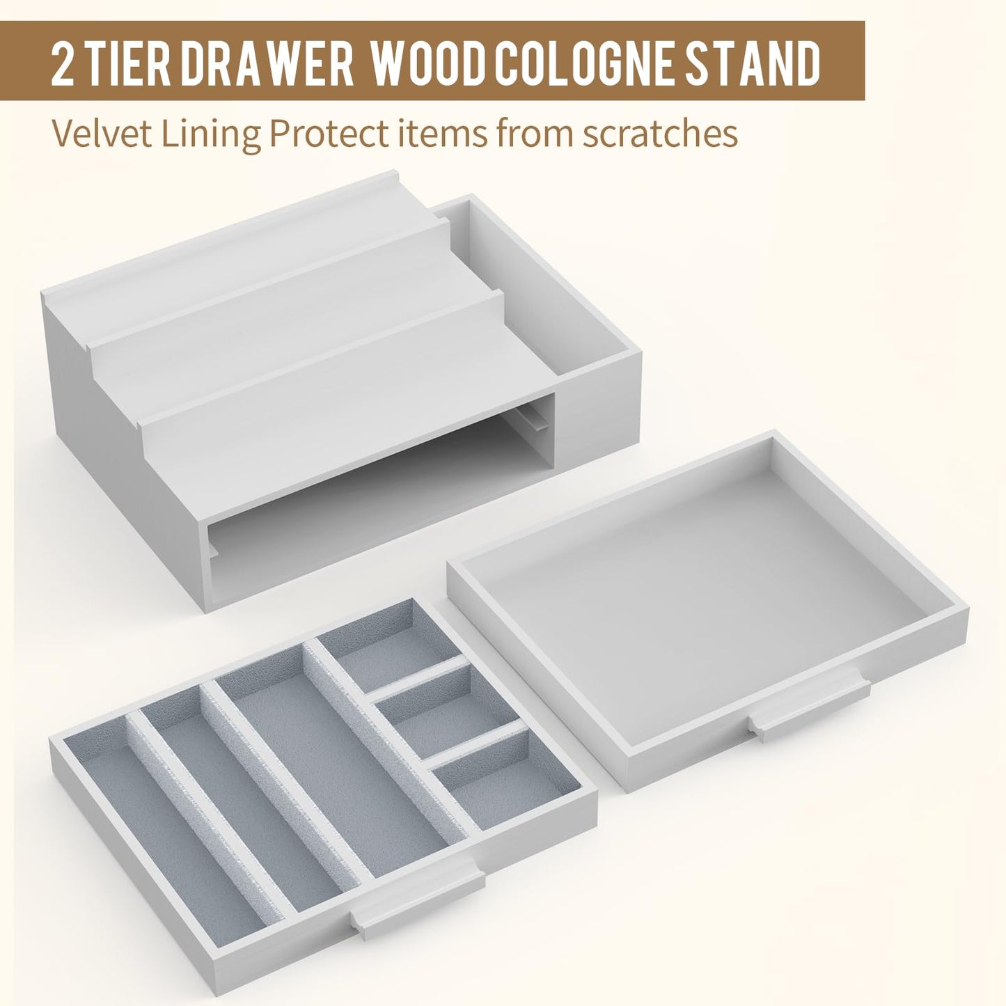 Cologne Organizer for Men,3 Tier Cologne Stand with 2 Drawer and Side Extended Storage Space,Wood Perfume Stand Organizer,Great Gift Packing Box for Men and Women-White