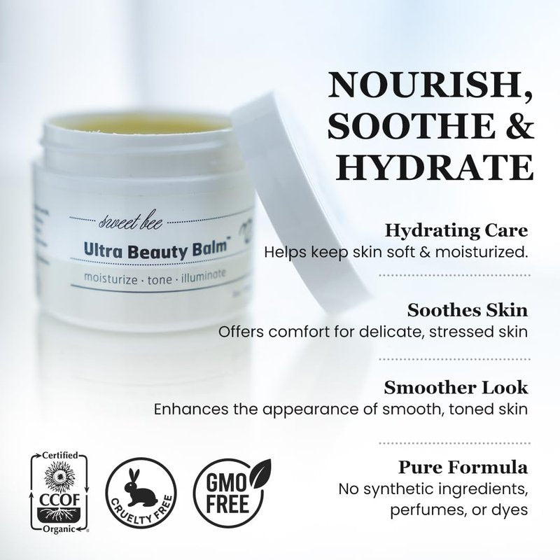 Sweet Bee Naturals Ultra Beauty Balm – Certified Organic Moisturizer Face Cream, Hydrating, Anti-Aging, Soothing, Firming, & Nourishing Facial Moisturizer, Face Lotion with Honey & Beeswax 2 oz