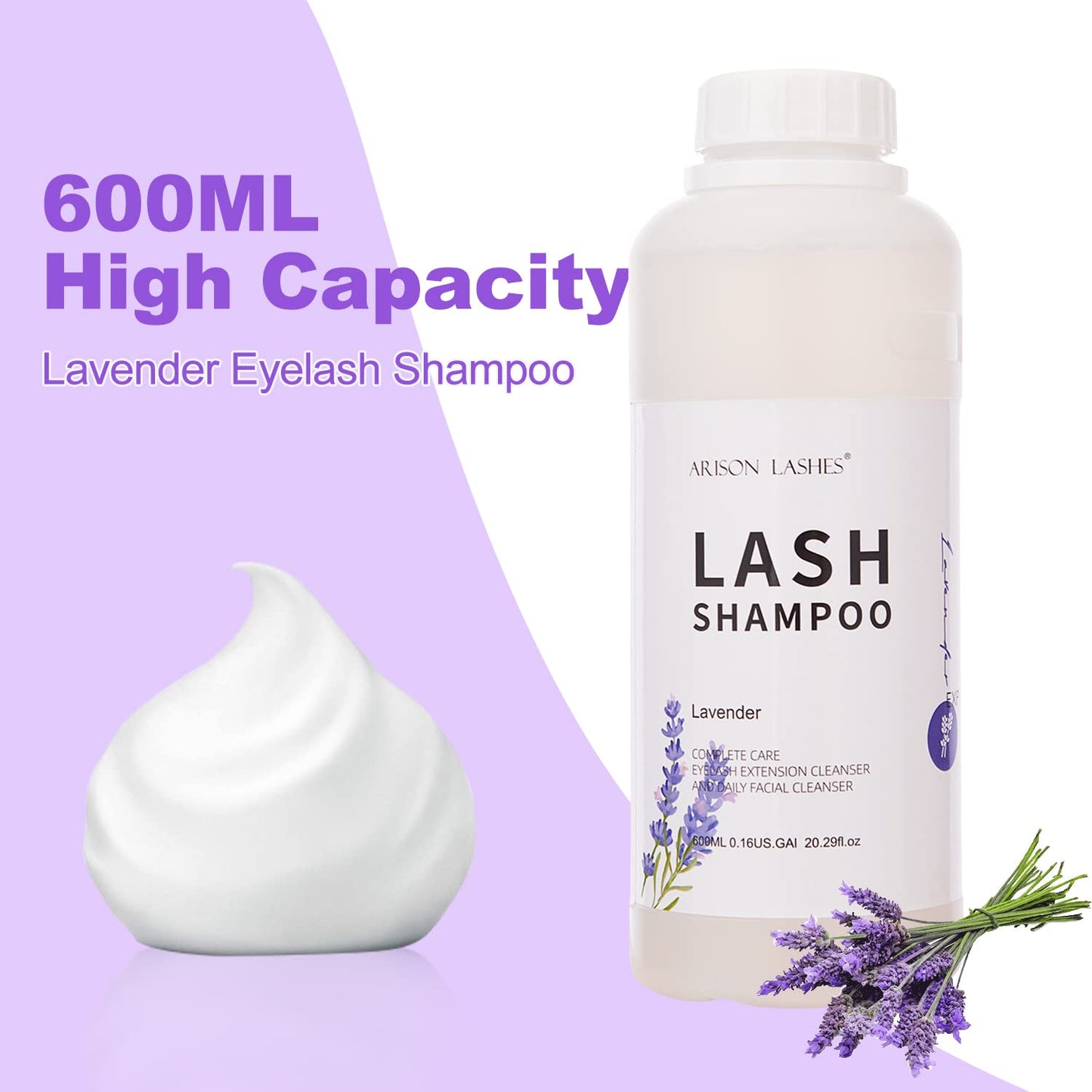 Arison Eyelash Eyelash Extension Shampoo 600ml / Eyelid Foaming Cleanser/Wash for Extensions and Natural Lashes/Paraben & Sulfate Free Safe Makeup & / Professional & Self Use (Lavender)