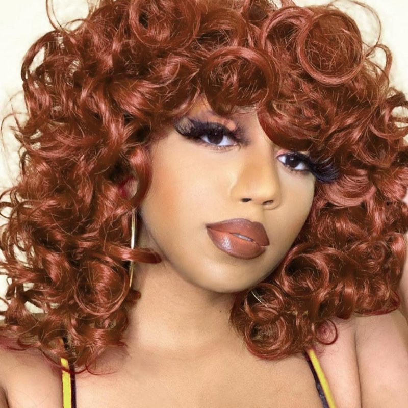 AIDUSA Big Curly Wigs for Black Women Synthetic Loose Curly Wigs with Bangs 14 Inch Auburn Brown Short Wigs Synthetic Hair Natural Wigs for Women (Copper Auburn)