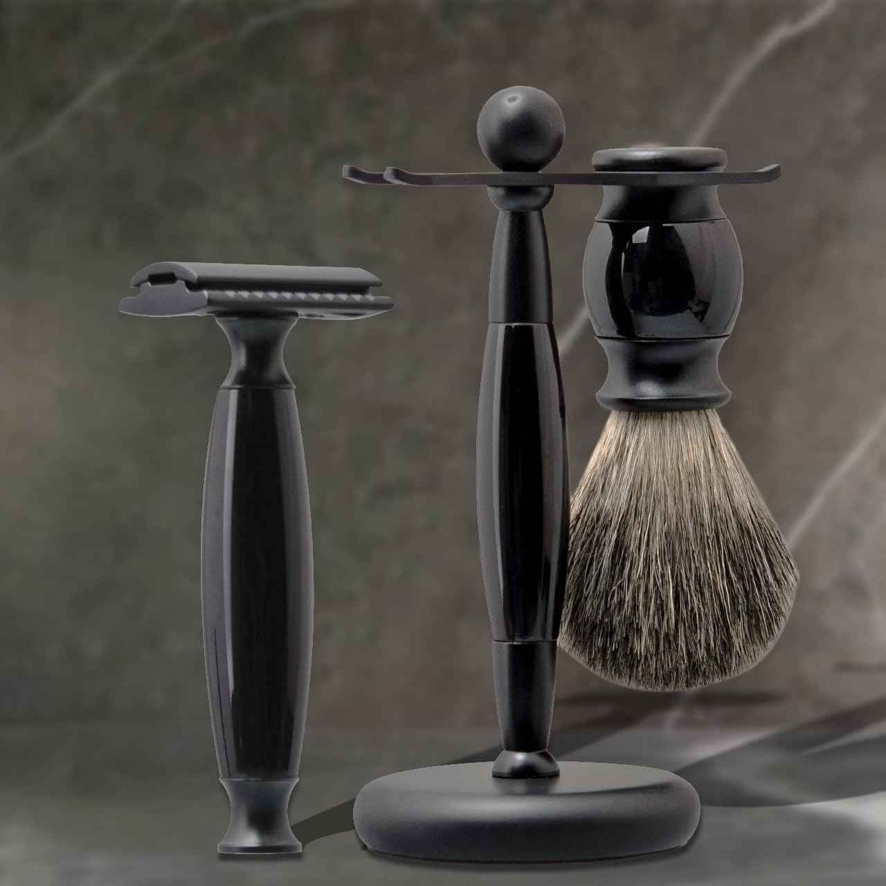 Danweix Black Wet Shaving Kit for Men, 3 in 1 Set with Badger Hair Brush, Double Edge Safety Razor, Alloy Stand Holder
