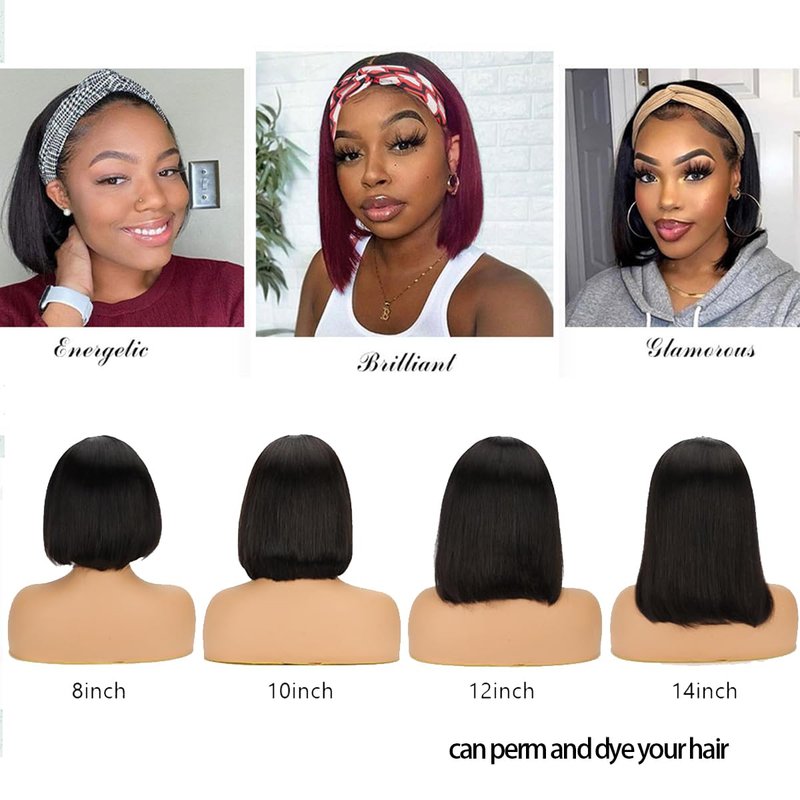 Kislemon Headband Bob Wig Human Hair Glueless Short Straight Bob Wigs Human Hair For Black Women 150% Density None Front Lace Brazilian Virgin Human Hair Wigs 8 Inch