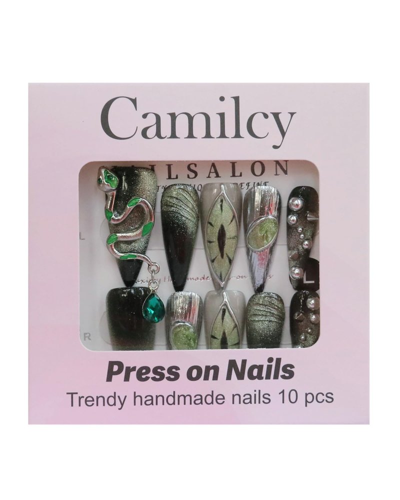 CAMILCY Luxury Handmade Press on Nails Long Stiletto Green Snake Chrome Gothic Fake Nails Glossy Black Green Gradient Crystal Charm Reusable Acrylic Nails for Women 10pcs (A038, S)