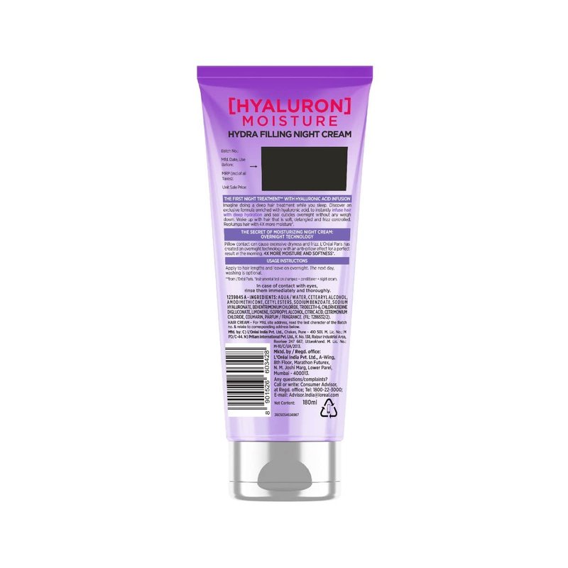 L'Oreal Paris Hyaluron Moisture Leave-In Night Cream for Dry Hair 180 ml