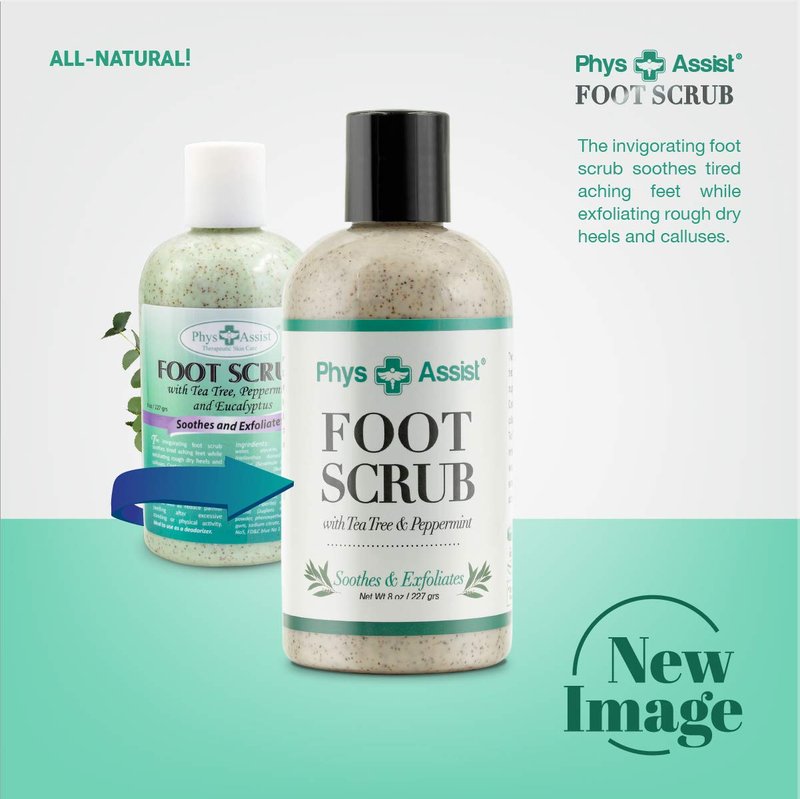 PhysAssist Foot Scrub | 8 oz. Tea Tree & Peppermint Exfoliating Formula for Soothing, Refreshing Feet