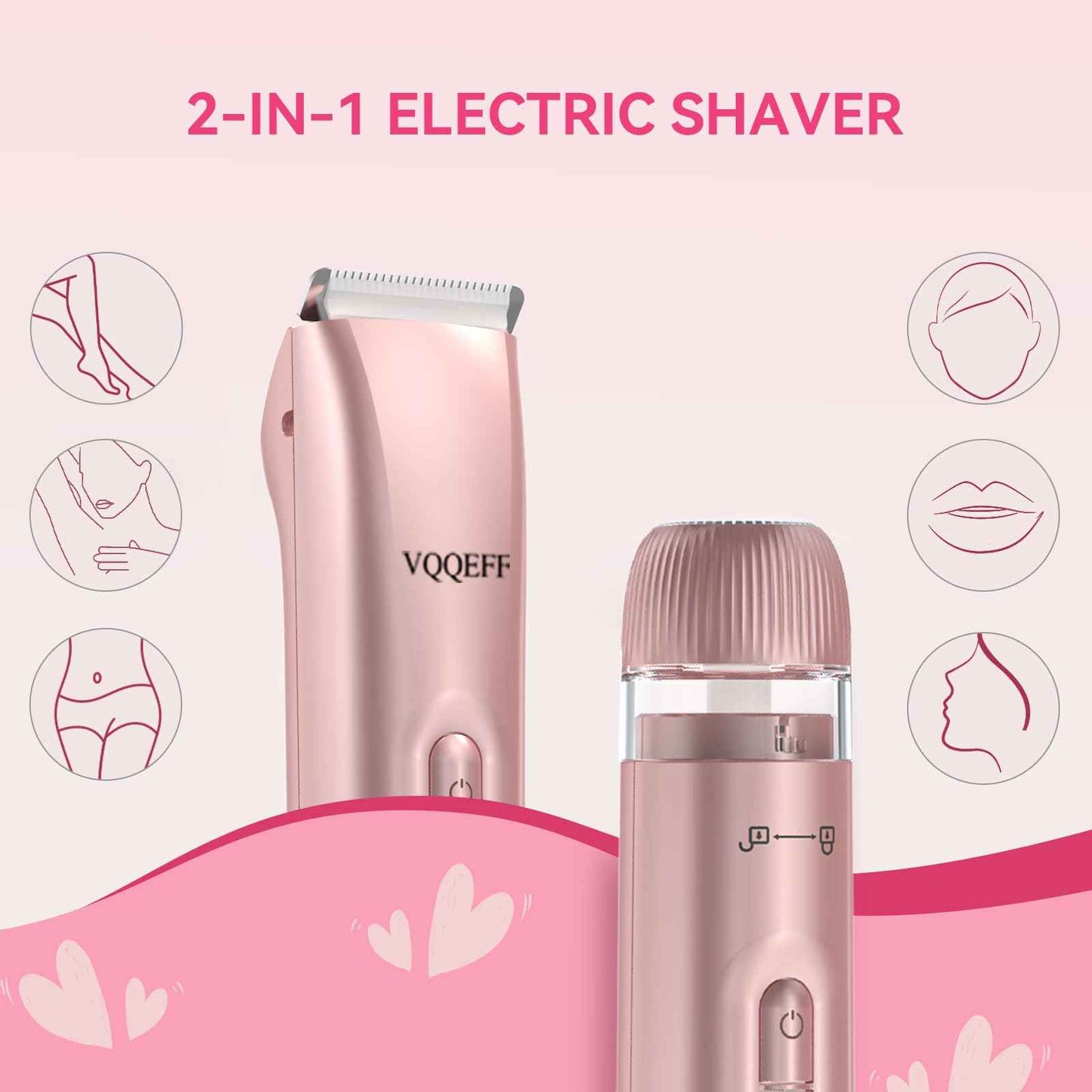 VQQEFF Bikini Trimmer for Women 2 in 1 Electric Razors IPX7 Waterproof Wet & Dry Use Womens Electric Razor Dual Head Shaver for Bikini Underarm Leg Arm Body Face, Pink