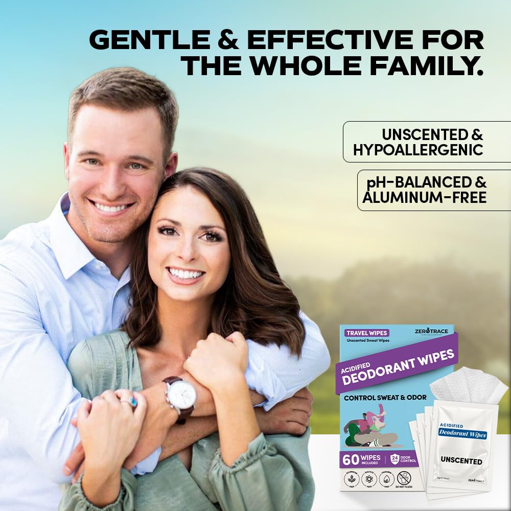 Zero Trace Travel Deodorant Wipes - 60 Count- 24 Hour Odor Control - Aluminum Free Hypoallergenic Deodorant For Women and Men - Individually Wrapped Underarm & Body Wipes - Uscented Bare Fresh