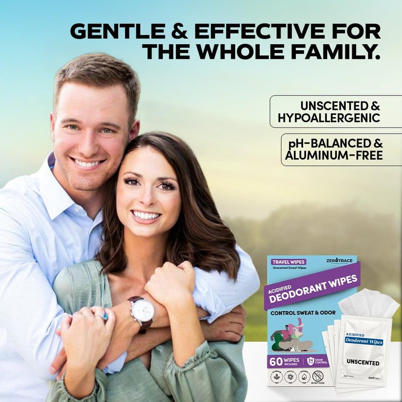 Zero Trace Travel Deodorant Wipes - 60 Count- 24 Hour Odor Control - Aluminum Free Hypoallergenic Deodorant For Women and Men - Individually Wrapped Underarm & Body Wipes - Uscented Bare Fresh