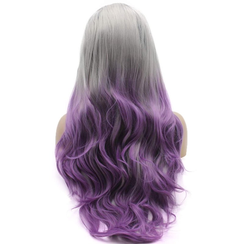 Lushy Hair Lace Front Synthetic Wig - 26-Inch Wavy Dark Root Gray Purple Ombre | Heat Resistant, Realistic Look
