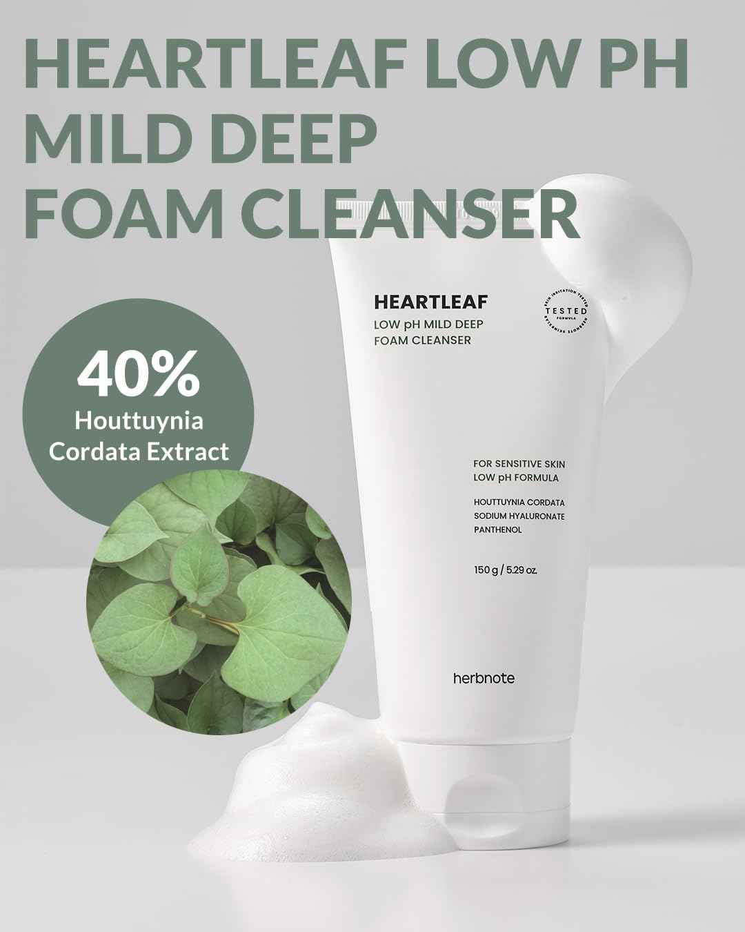 herbnote Heartleaf Low pH Deep Foam Cleanser - Gently Removes Sebum, Deep Cleans Pores - Contains 80% Houttuynia Cordata, Hyaluronic Acid, Soothes and Enhances Sensitive Skin, 5.29oz.
