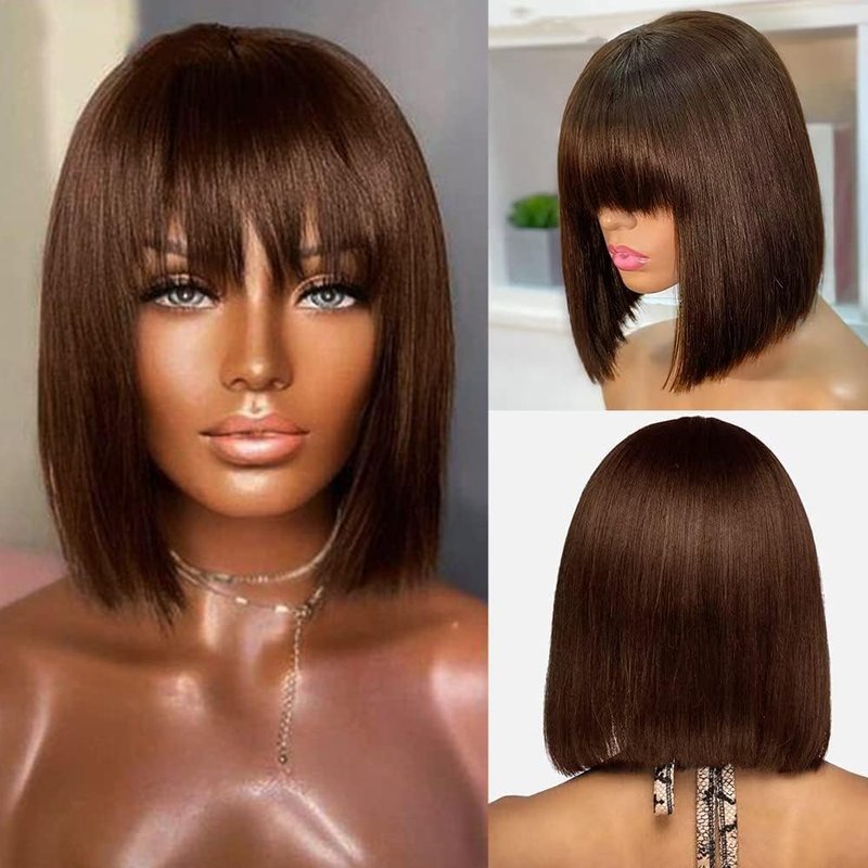 Savasana Bob Wigs for Black Women Human Hair Straight Brown Bang Wigs Glueless 10 Inch