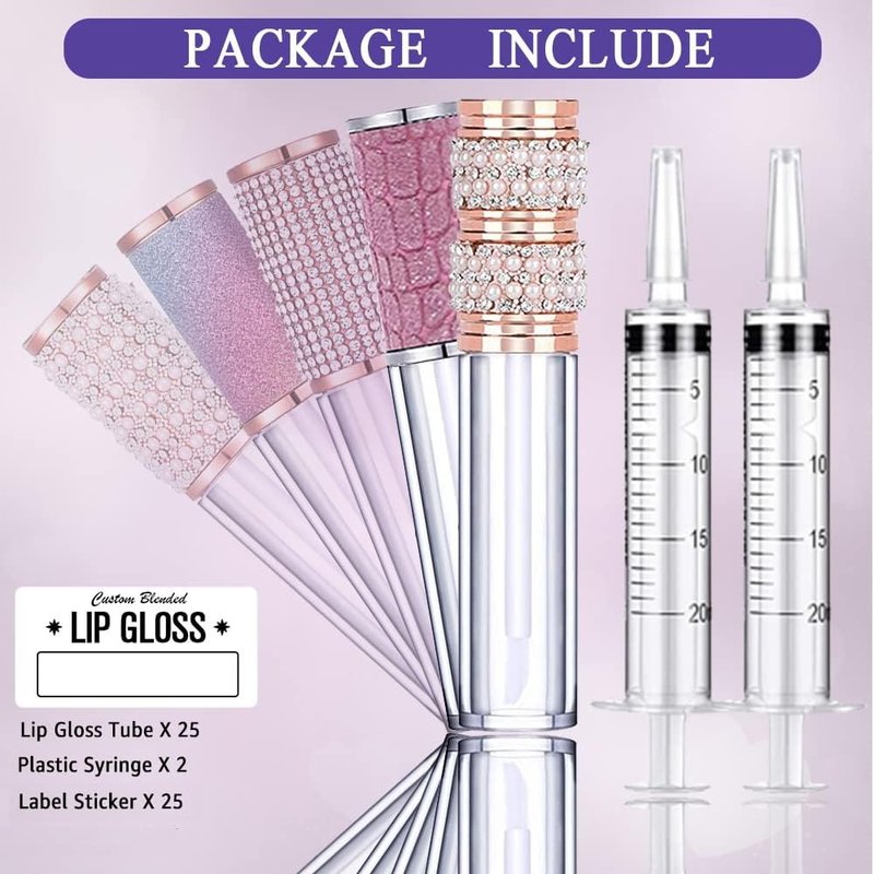 AMORIX 25 Pack Diamond Lip Gloss Tubes - 5ml Rhinestone Containers | Includes Syringes & Labels for DIY Kits