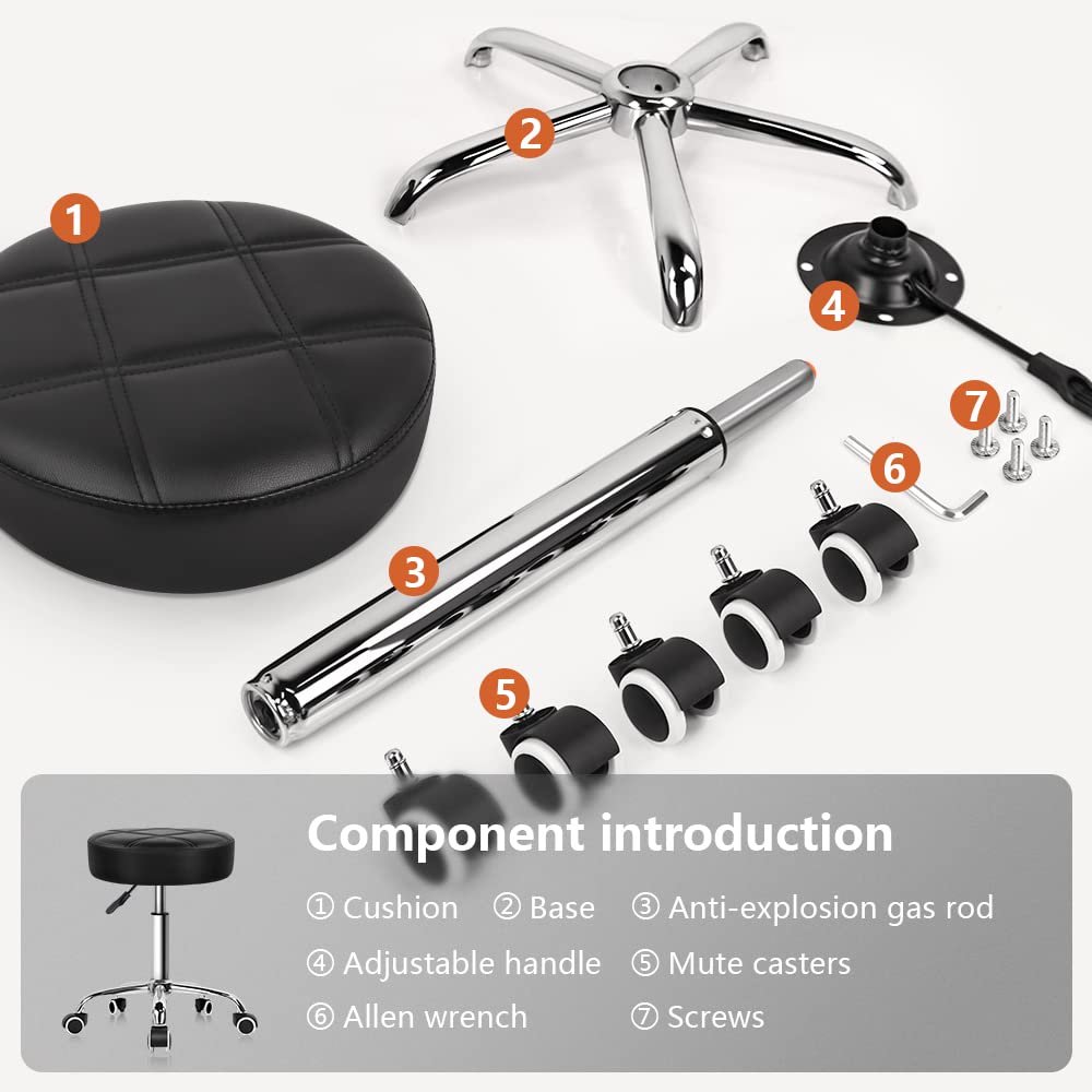 KKTONER Round Rolling Stool PU Leather Height Adjustable Swivel Drafting Work SPA Medical Salon Stools Chair with Wheels Black