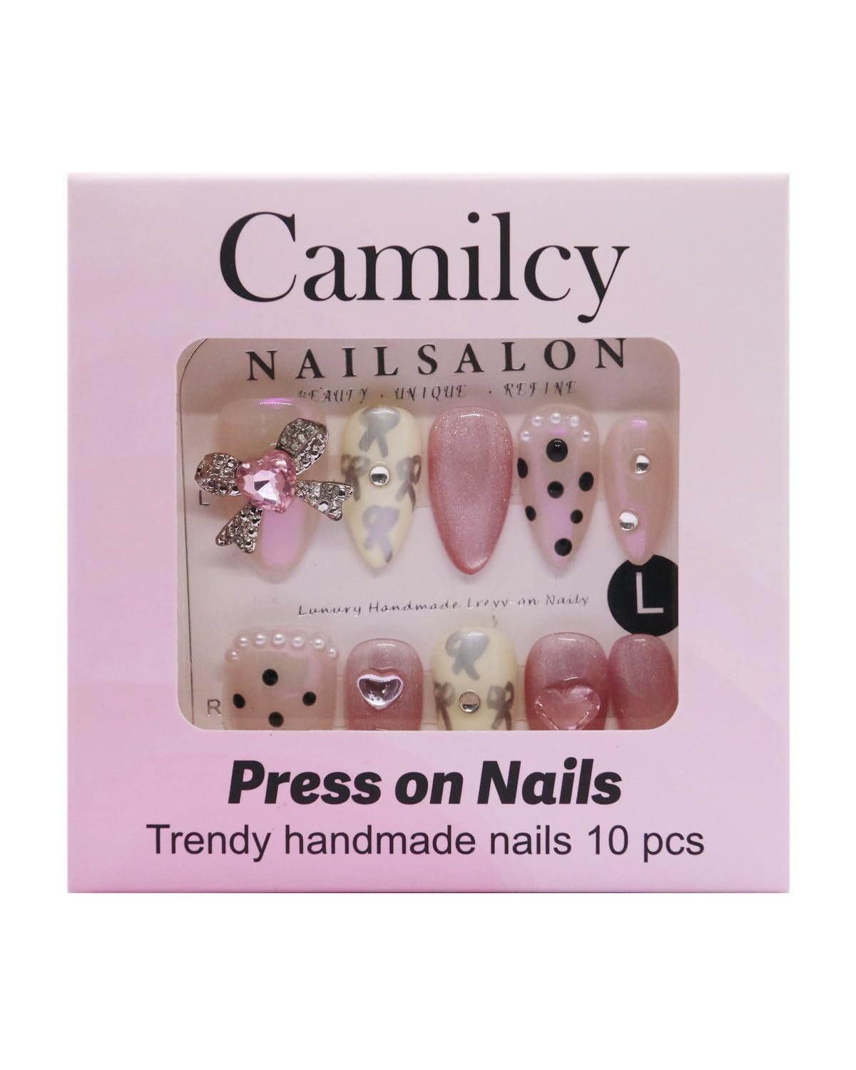 CAMILCY Handmade Nails Press on Long pointed tip Pink Hand Painted Reusable Gel UV Finished Pre Shaped False Nails for Women 10pcs 3D Glitzadora Handmade Nails (A087, L)