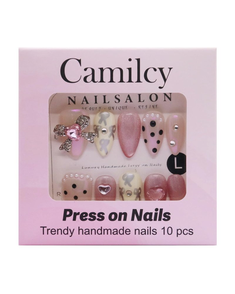 CAMILCY Handmade Nails Press on Long pointed tip Pink Hand Painted Reusable Gel UV Finished Pre Shaped False Nails for Women 10pcs 3D Glitzadora Handmade Nails (A087, L)