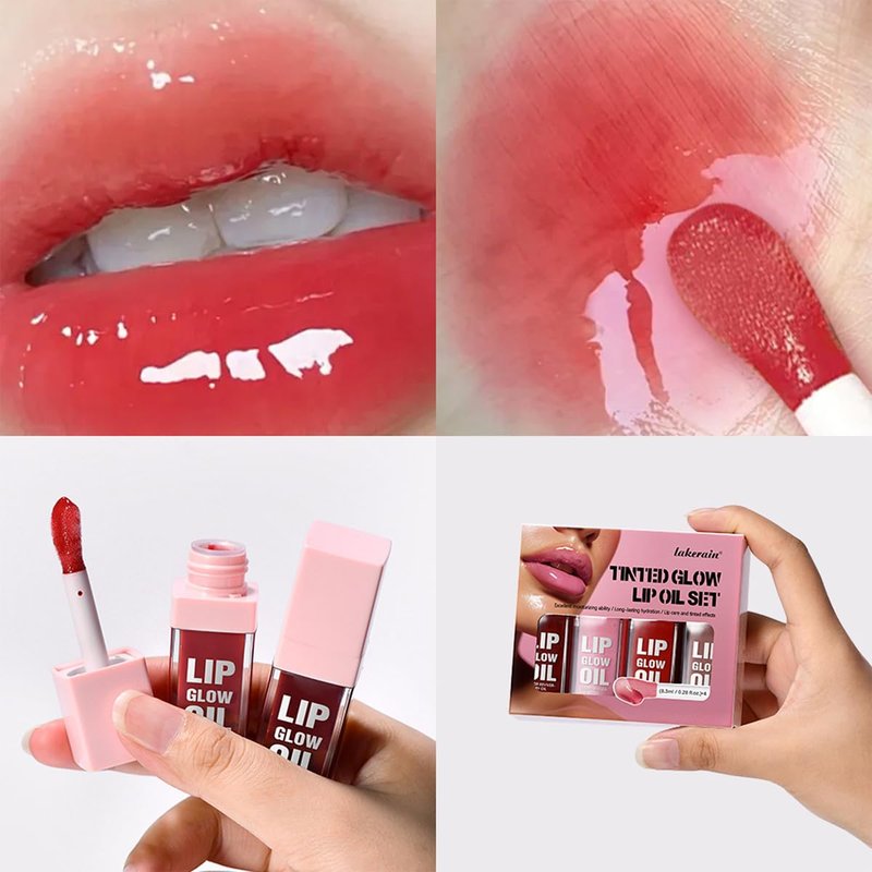 Glow Lip Oil Set, 4 Colors Tinted Glow Lip Oil Set, Hydrating Transparent Moisturizing Plumping Non-Sticky Big Brush Head Lip Gloss